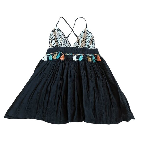 Raga Night Dust Embroidered Spaghetti Strap Dress Fringe Cotton Size Medium NWT - Picture 2 of 12